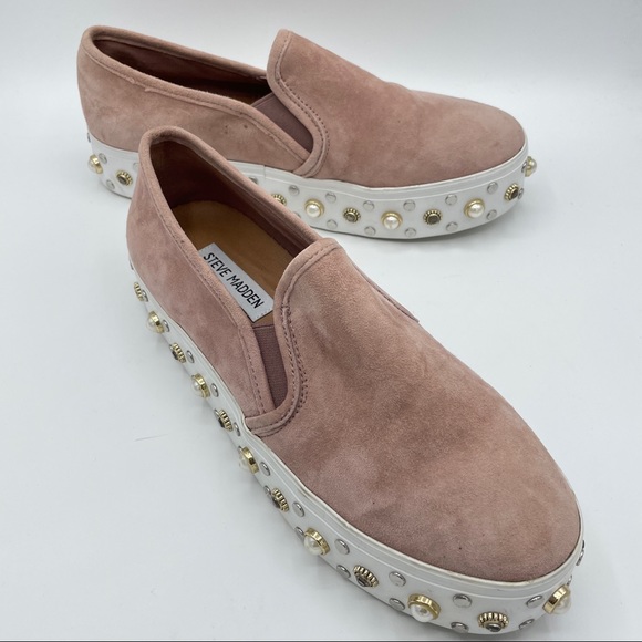 Steve Madden Shoes - STEVE MADDEN Glitzy Pink Suede Platform Slip On Sneakers Pearls Studs